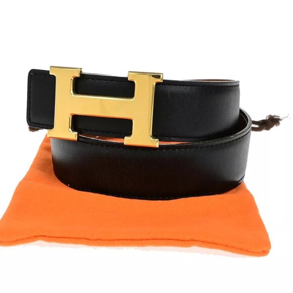 HERMES H Logo Constance Reversible Buckle Belt Leather #65 Black Brown - Picture 1 of 14